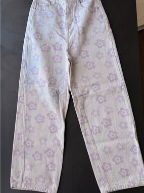 Floral Print Wide Leg Jeans - Lavender